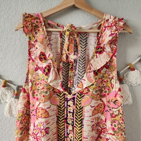 Free People Summer In Tulum Linen Blend Pink Floral Ruffle Mini Dress Boho M - Picture 6 of 9
